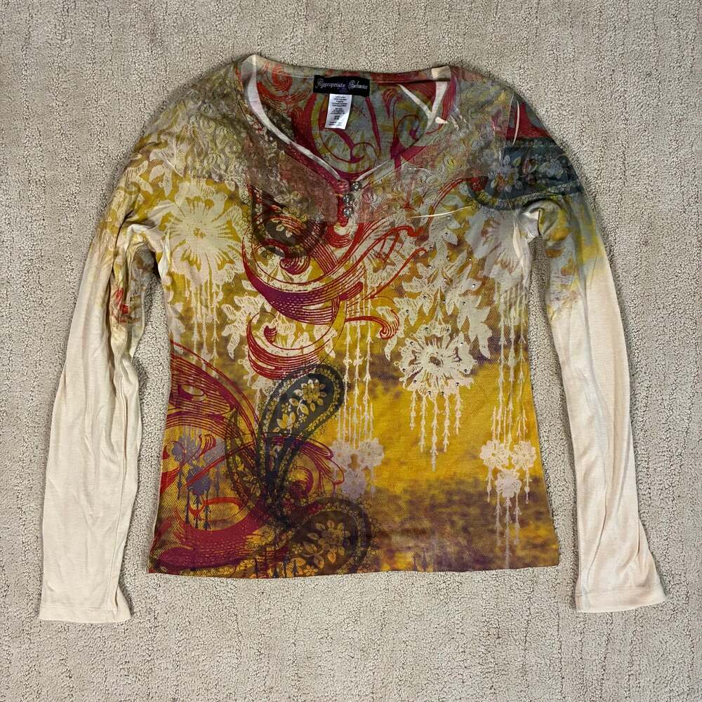Y2K Euro Paisley Print Boho Long Sleeve Top Women S Grunge Skater Edgy Alt